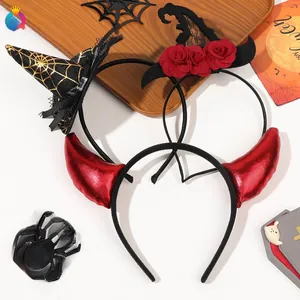 Close-up of Halloween headbands including spider web witch hat and red devil horns