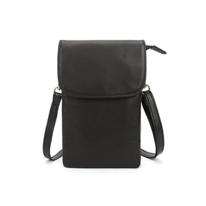 Minimalist black genuine leather crossbody phone bag with adjustable strap on white background