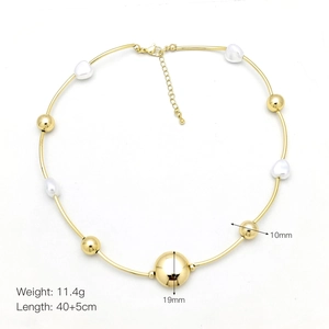 Detailed view of gold beaded pearl necklace with 10mm and 19mm charms and size specs