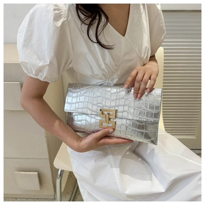 Macro shot of silver crocodile embossed texture and gold geometric buckle on clutch bag
