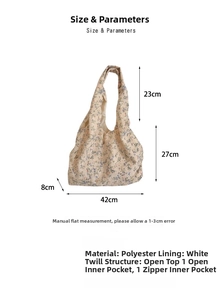 Detailed sizing guide for floral canvas tote bag with internal pocket specifications