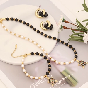 Jewelry Black Agate Artificial Pearl Sea Turtle Pendant Stainless Steel Necklace Bracelet Earrings For Women