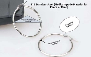 Detail view of 40mm stainless steel hoop earrings with 2mm thickness and 316 steel quality