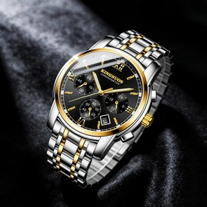 Close-up detail of a men's waterproof watch with black dial and bicolor steel band.