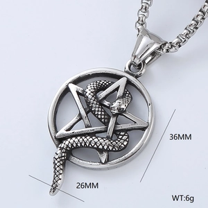 Detail view of silver stainless steel viking pentagram snake pendant with dimensions