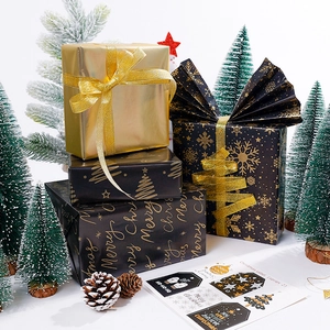 Premium black and gold Christmas wrapping paper set with ribbons and themed gift tags