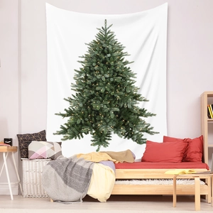 Detail of Christmas tree wall tapestry with warm LED lights in a cozy bedroom setting