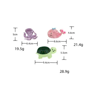 Detailed size chart for octopus whale and turtle shaped acetate hair clips with dimensions