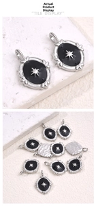 Macro detail of oval starburst charms with black inlay and hammered silver texture