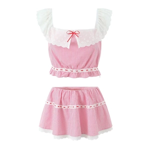 Zweiteiliges Set in Pink gestreift mit schulterfreiem Top und Minirock mit Spitzenbesatz