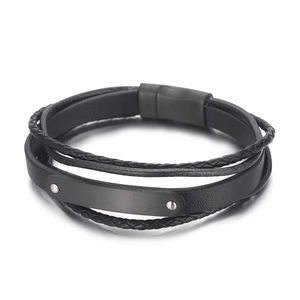 Mehrlagiges schwarzes Lederarmband für Herren mit mattem schwarzem Magnetverschluss