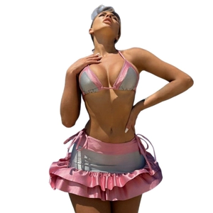 Sexy pink and silver metallic bikini set with ruffled skirt for women summer fashion