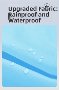 Close-up of waterproof EVA fabric with water droplets on the surface of the blue raincoat