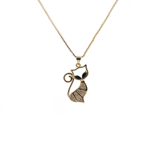 Gold cat pendant necklace with black gemstone eyes and sparkling crystal accents