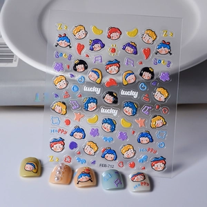 3D embossed cartoon nail stickers with cute kids motifs and colorful hearts for girls