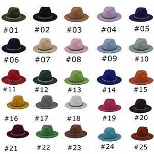 Classic gray wool fedora hats with metal chain band in 25 assorted vibrant colors