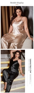 Detail showing the champagne gold and black satin camisole and pants pajama set