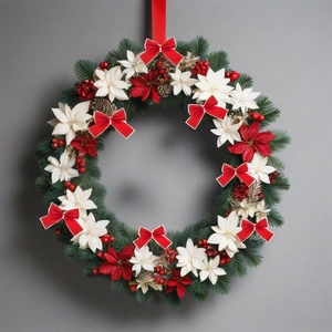 Christmas wreath with green pine needles, red silk flowers and festive red bows on a gray wall
