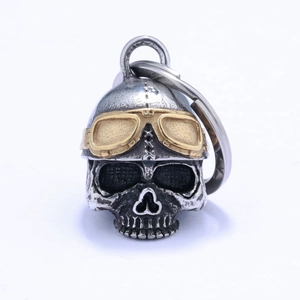 Retro stainless steel motorcycle guardian bell pendant with skull pilot helmet design