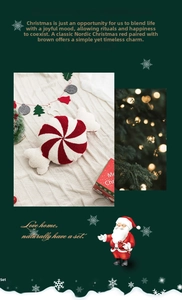 Macro detail of candy-shaped Christmas throw pillow with red and white spiral knit patterns