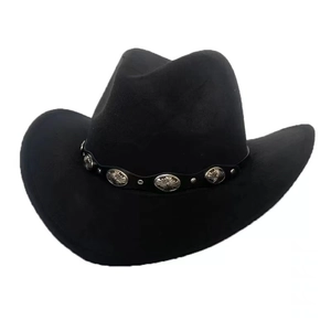 Classic black wool felt cowboy hat featuring vintage silver concho buckle detailing