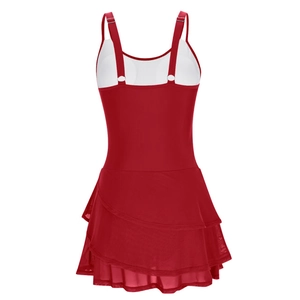 Rear view of red skirted swimsuit featuring wide straps and triple-layered ruffle hem detail