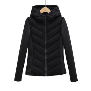 Women's black slim fit hooded jacket with chevron quilting and patchwork sleeves
