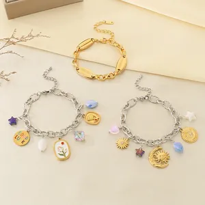 Fashion Retro Stainless Steel Charm Bracelet For Women Tulip Rose Star Moon Enamel Pendant Rhinestone Multi-Element Jewelry Gift