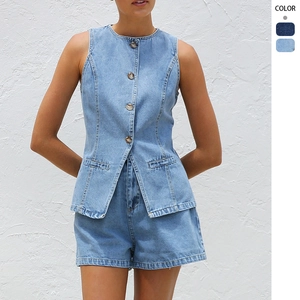 Ensemble Denim Femme Gilet Sans Manches Boutonné Et Short Taille Haute Streetwear Mode Été Décontracté