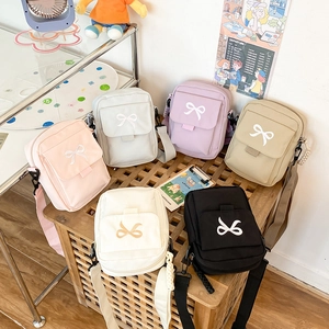 Nylon Crossbody Bag Mini Square Bag With Bow Embroidery Sweet Adjustable Strap Lightweight Casual Shoulder Bag For Women