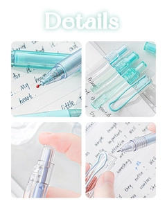 Detail of light blue transparent retractable gel pens with clear barrel and soft grip