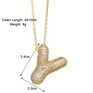 Detailed size specifications for the gold zircon letter Y pendant necklace in white background