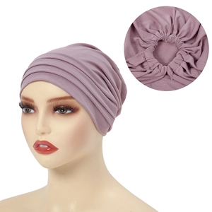 Lavender elastic pleated turban hat with back adjustable band for women's comfort