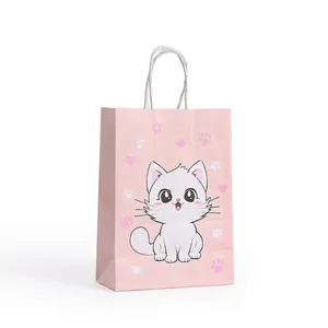 Detail of pink paper gift bag with cat print, 12 pcs pack in OPP bag packaging
