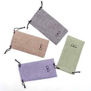 Linen drawstring pouches for sunglasses in four colors with minimalist glass icon