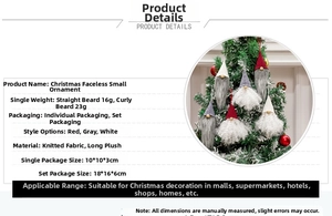 Detail view of gnome Christmas ornaments with knit fabric and long plush beard textures