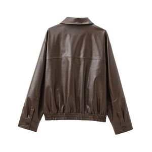 Back view of brown faux leather bomber jacket showing smooth texture and clean stitching