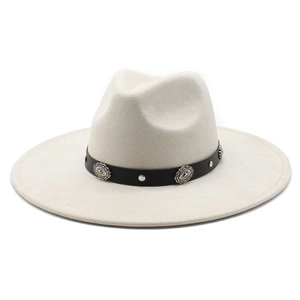 Cream wool fedora hat with wide brim and studded black leather bohemian band