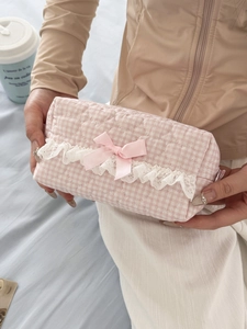 Pink plaid quilted makeup bag with heart pattern, lace trim and satin bow decoration