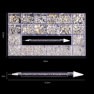 Detail of 21-grid nail art rhinestone set with dual-ended picking pen and assorted crystals