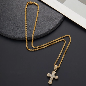 Gold hip hop cross necklace with sparkling crystals on a twisted rope chain