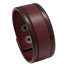 Detailed view of dark brown wide leather wristband with double parallel stitching