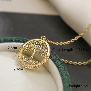 Gold 18K plated Tree of Life pendant necklace with sparkling zircons and dimensions display