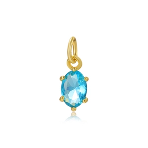 Macro view of 5x7mm oval blue cubic zirconia pendant with golden copper metal frame