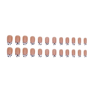 Faux ongles nude brillants avec French manucure motif vache noir et blanc, lot de 24