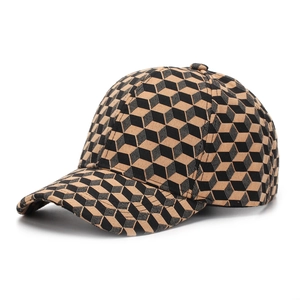 Detail of 3D geometric cube pattern on a khaki and black classic baseball cap