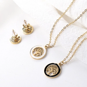 Tree Of Life Jewelry Necklace And Stud Earrings Stainless Steel Gold Enamel Circle Pendant Women