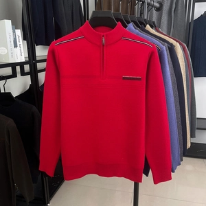 Detail of red men's half-zip knit sweater showing ribbed collar and zipper texture