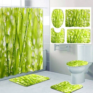 4-piece green nature bathroom set with shower curtain, rugs, and toilet lid cover