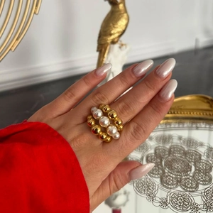 Three-piece layered stackable gold bead and white pearl rings for women in stainless steel